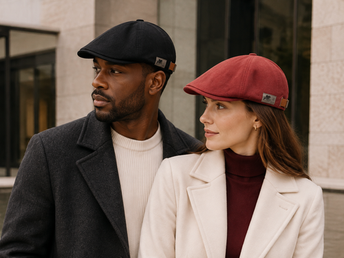 Homme noir et femme blanche portant les casquettes Kyawu noire et rouge terracotta